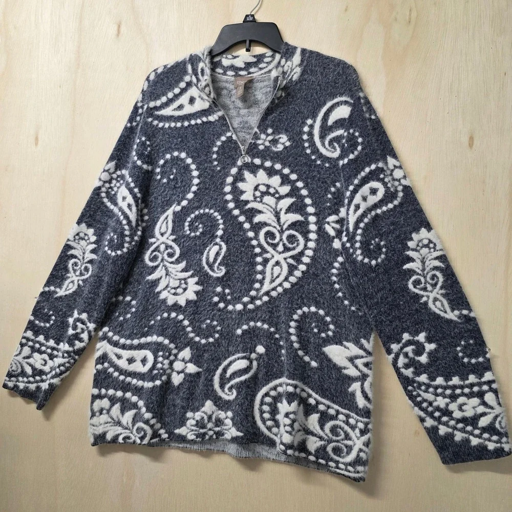 Chicos Navy Blue Paisley Eyelash Knit Quarter Zip Sweater Shimmer Size 3 Large